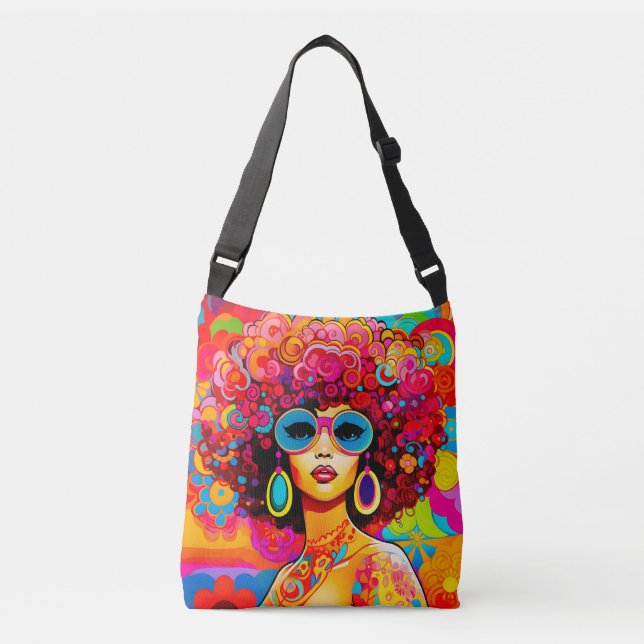 Groovy Retro Afro Chic Pop Art Crossbody Bag (Front)