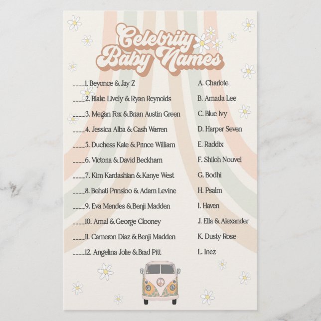 groovy retro baby shower game celebrity baby names (Front)