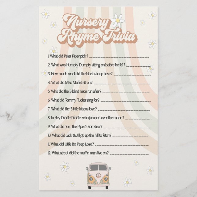 groovy retro baby shower nursery rhyme game  (Front)