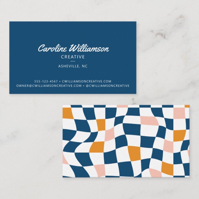 Groovy Retro Blue Abstract Chequerboard Trendy Business Card (Front/Back)