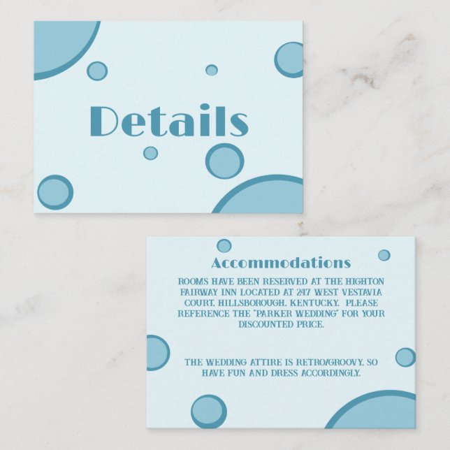 Groovy Retro Blue Circles 70s Wedding Detail Enclosure Card (Front/Back)
