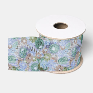 Groovy Retro Blue Protea and Daisy Pattern Grosgrain Ribbon