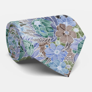 Groovy Retro Blue Protea And Daisy Pattern Tie