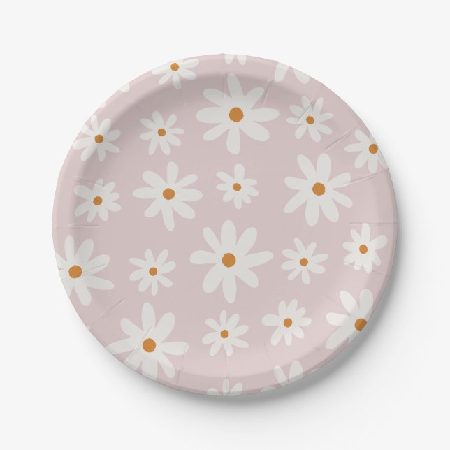 Groovy Retro Blush Pink Daisy Paper Plate (Front)
