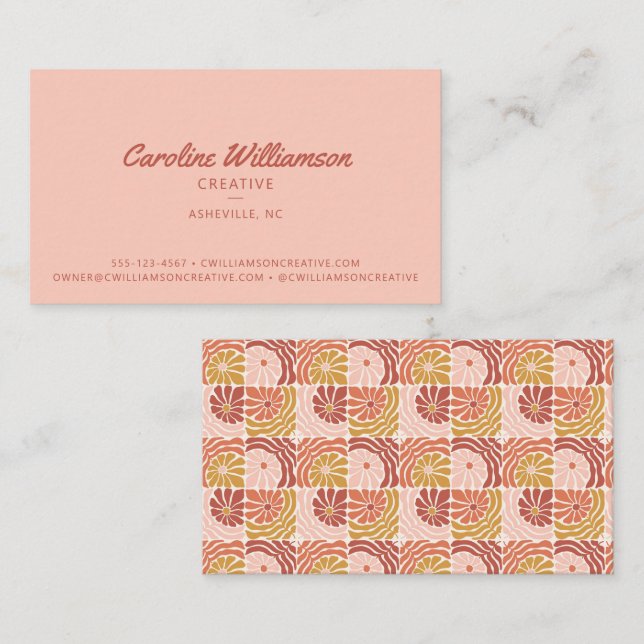 Groovy Retro Boho Blush Pink Red Botanical Trendy  Business Card (Front/Back)