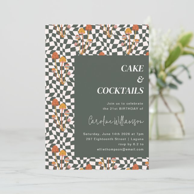 Groovy Retro Boho Chequerboard Birthday Party Invitation (Standing Front)