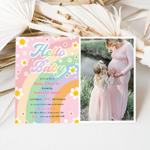 Groovy Retro Boho Daisy Hello Baby Shower Party Invitation