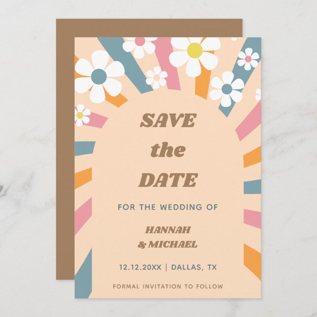 Groovy Retro Boho Rainbow Colourful Daisy Floral  Save The Date (Front/Back)