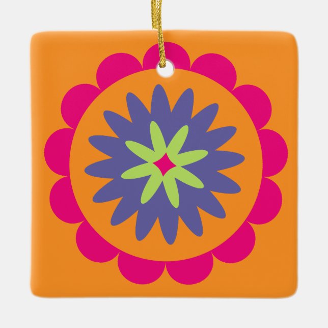 Groovy Retro Botanical Pattern Artwork Ceramic Ornament (Front)