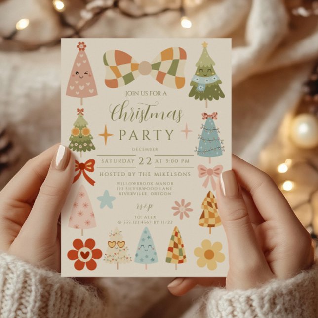 Groovy Retro Bow Christmas Invitation (Creator Uploaded)