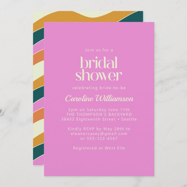 Groovy Retro Bright Pink Wavy Lines Bridal Shower Invitation (Front/Back)