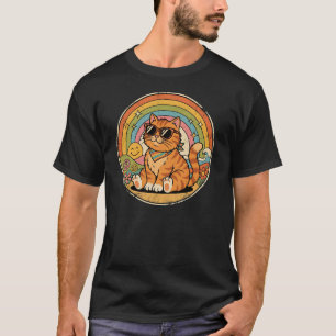 Groovy Retro Cat Rainbow Peace Sign T-Shirt