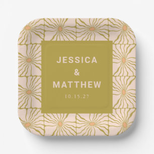 Groovy Retro Chartreuse Botanical Custom Wedding Paper Plate
