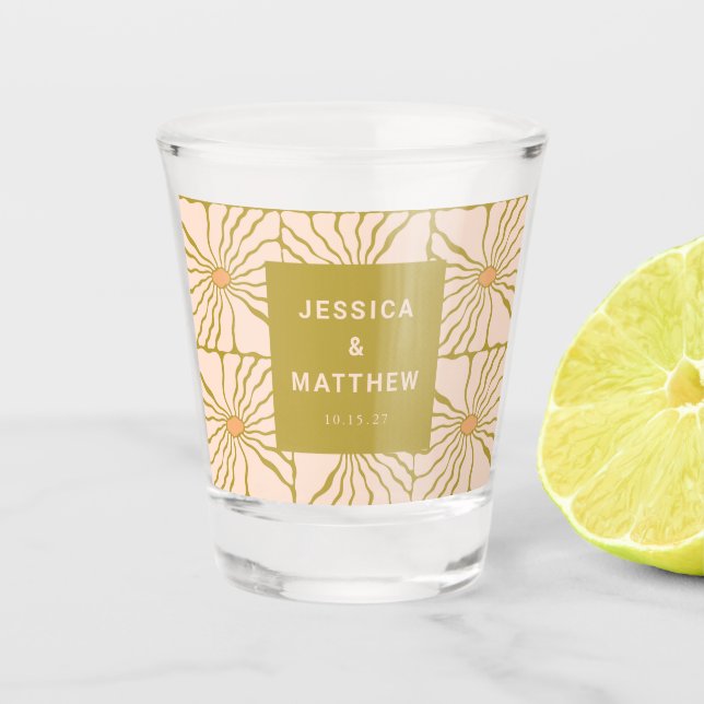Groovy Retro Chartreuse Botanical Custom Wedding Shot Glass (Front)