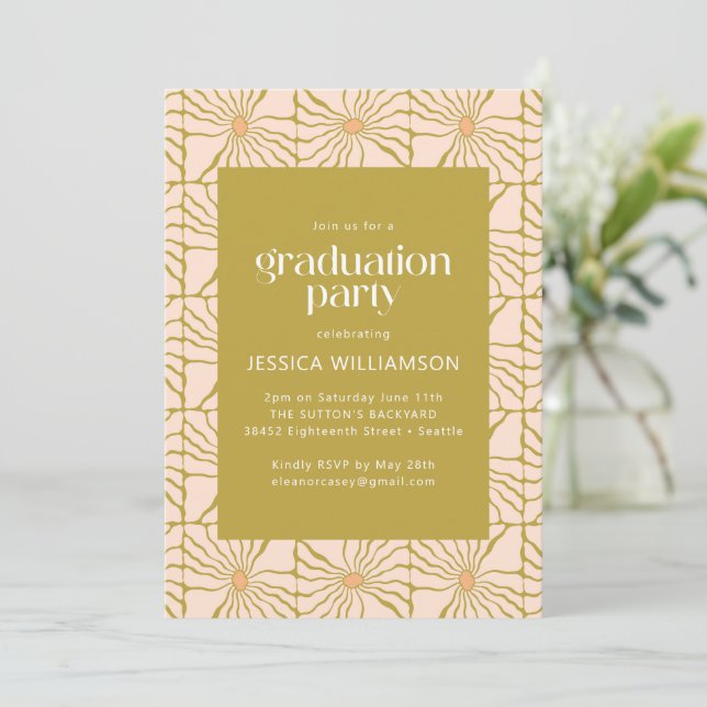 Groovy Retro Chartreuse Botanical Graduation Party Invitation (Standing Front)