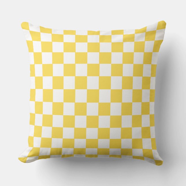 Groovy Retro Checkerboard Pattern Yellow and White Cushion (Front)