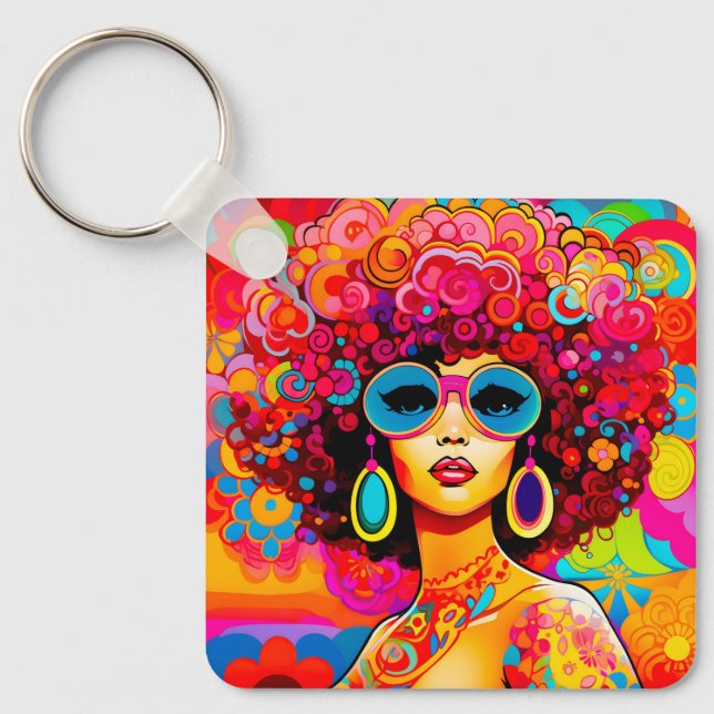 Groovy Retro Chic Afro Pop Art Key Ring (Front)