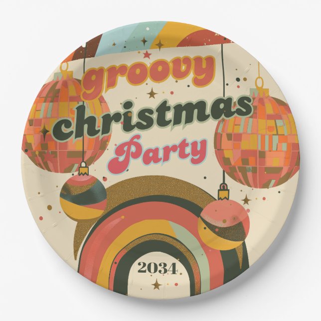Groovy Retro Christmas 70s Inspired Paper Plate (Front)
