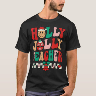 Groovy Retro Christmas Hippie Have A Holly Teacher T-Shirt