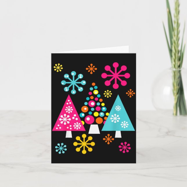 Groovy Retro Christmas Trees And Snowflakes  Card (Front)