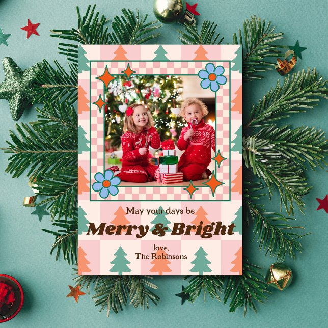 Groovy Retro Christmas Trees Pattern Photo Frame Holiday Card (Creator Uploaded)