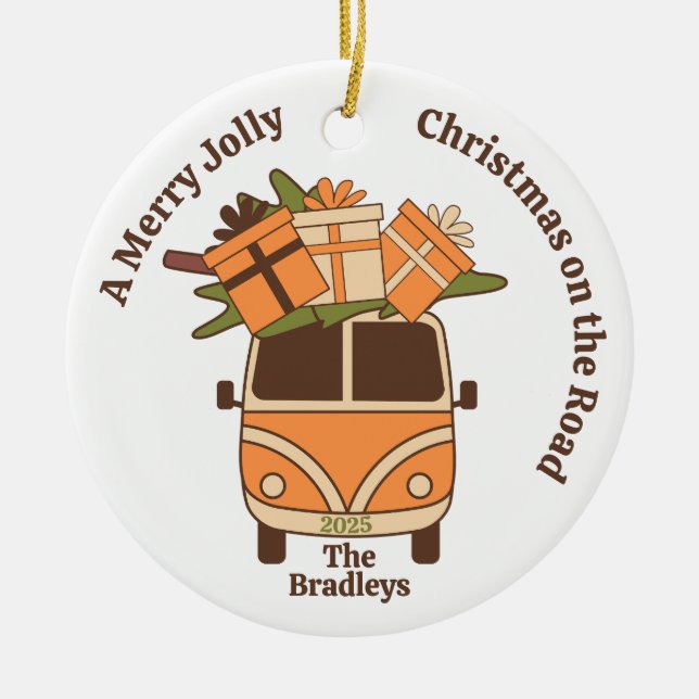Groovy Retro Christmas Van  Ceramic Tree Decoration (Front)