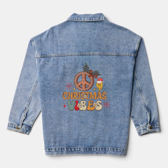 Groovy Retro Christmas Vibes Peace Sign Denim Jacket (Back)