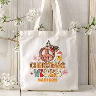 Groovy Retro Christmas Vibes Peace Sign Name Tote Bag