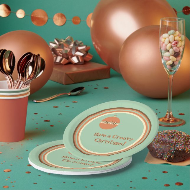 Groovy Retro Christmas with Ornament and Date Paper Plate (Multi)