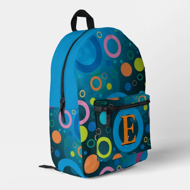 Groovy Retro Circles Monogram Blue Colourful Printed Backpack (Back Corner Left)