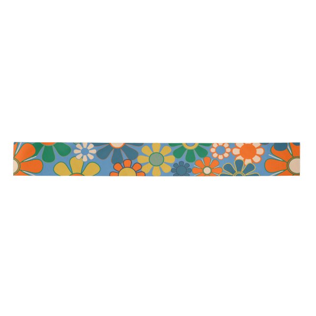 Groovy Retro Colourful 60s 70s Floral Pattern Satin Ribbon (Front)