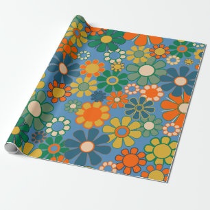 Groovy Retro Colourful 60s 70s Floral Pattern Wrapping Paper