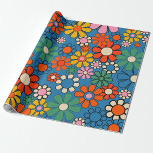 Groovy Retro Colourful 60s 70s Floral Pattern Wrapping Paper