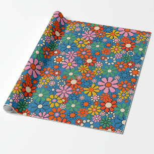Groovy Retro Colourful 60s 70s Floral Pattern Wrapping Paper