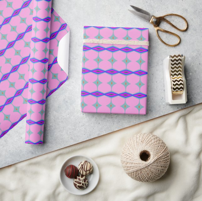 Groovy Retro Colourful Cute Pink Geometric Pattern Wrapping Paper (Crafts)