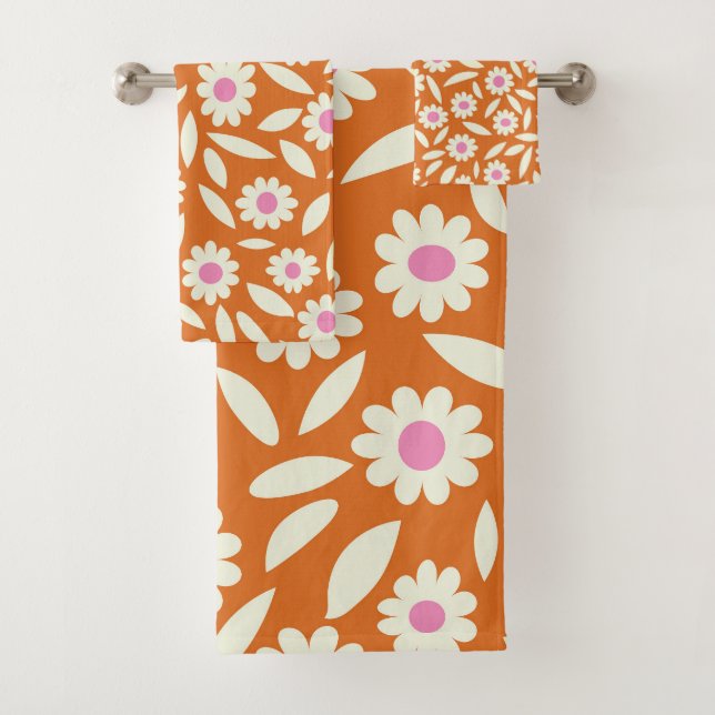 Groovy Retro Daisies Floral Pattern on orange   Bath Towel Set (Insitu)
