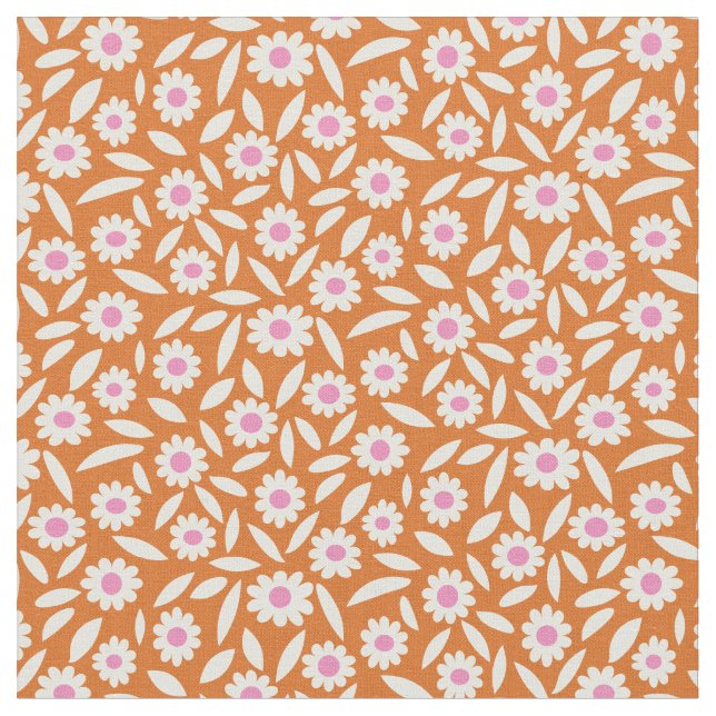 Groovy Retro Daisies Floral Pattern on orange  Fabric (Close Up)