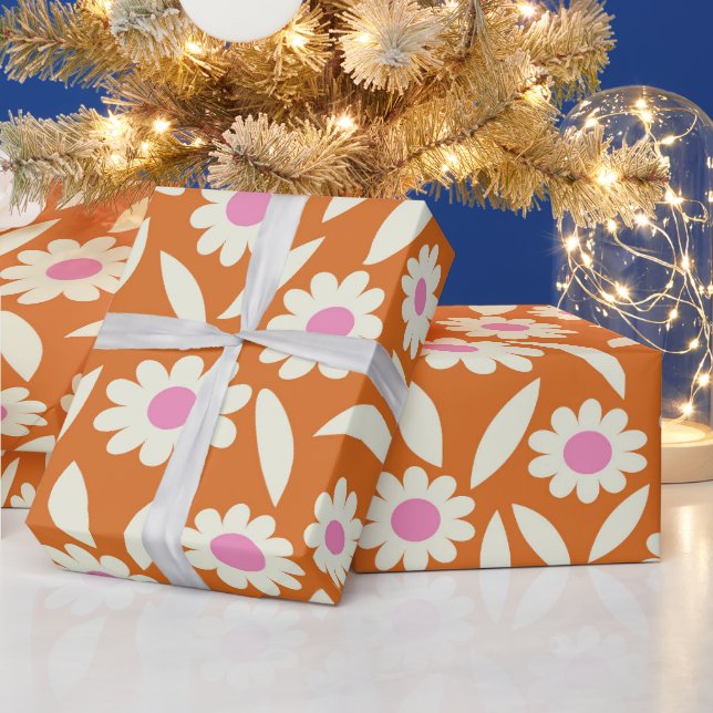 Groovy Retro Daisies Floral Pattern on orange    Wrapping Paper (Holidays)