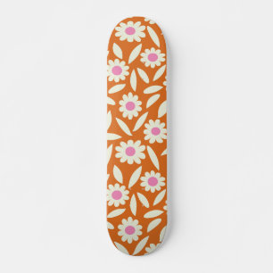 Groovy Retro Daisies Flowers Pattern on orange   Skateboard