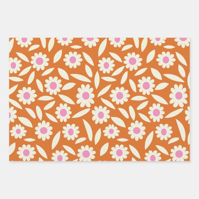 Groovy Retro Daisies Flowers Pattern on orange  Wrapping Paper Sheet (Front)