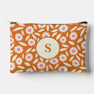Groovy Retro Daisies Pattern on orange  monogram Accessory Pouch