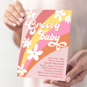 Groovy Retro Daisies Rainbow Baby Shower Invitation