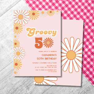 Groovy Retro Daisy Boho Orange Pink Birthday Invitation
