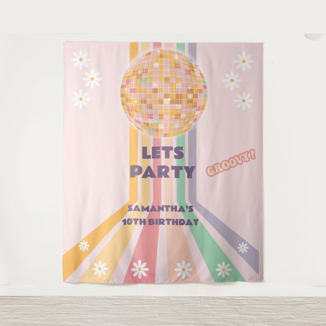 Groovy Retro Daisy Disco Birthday Backdrops Tapestry (Front)