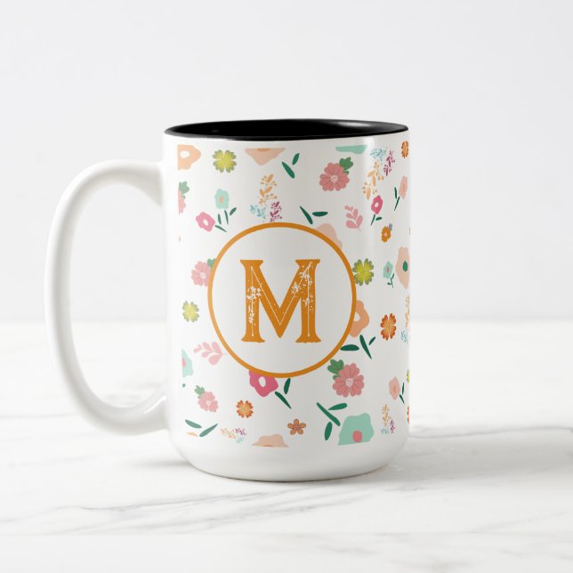 Groovy Retro Daisy Flowers Pattern Boho Floral Two-Tone Coffee Mug (Left)