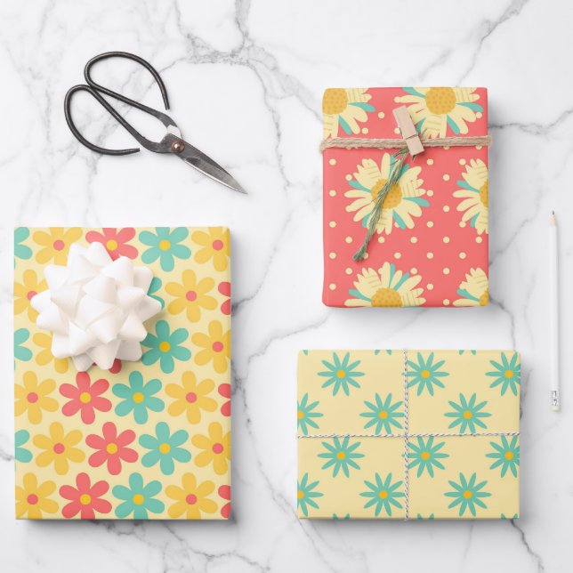 Groovy Retro Daisy in Yellow blue  Wrapping Paper Sheet (Front)