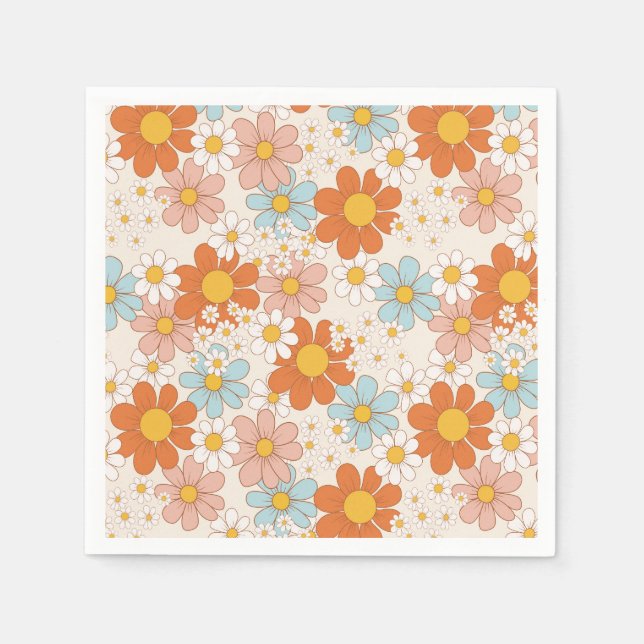 Groovy Retro Daisy Orange Blue Cream Napkin (Front)