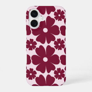 Groovy Retro Daisy Pattern Deep Berry Pink iPhone 16 Case