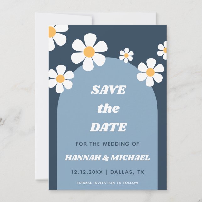 Groovy Retro Dusty Blue Boho Arch & Daisy Pattern  Save The Date (Front)