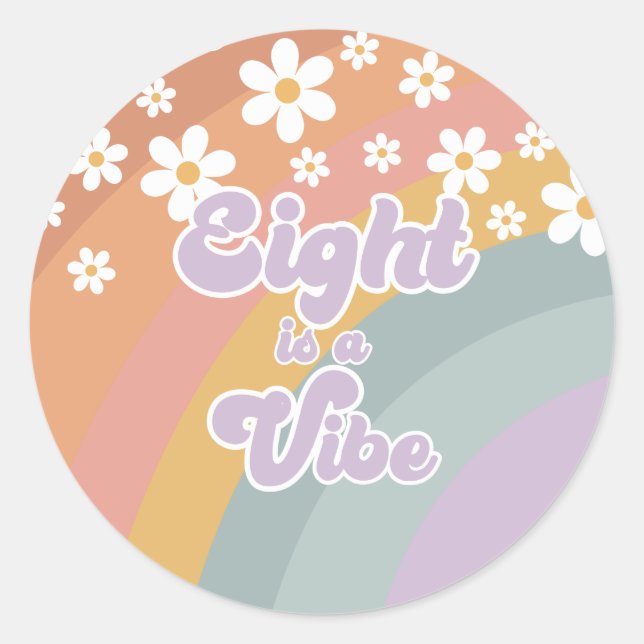 Groovy Retro Eight is a Vibe Rainbow Paper Plate Classic Round Sticker (Front)